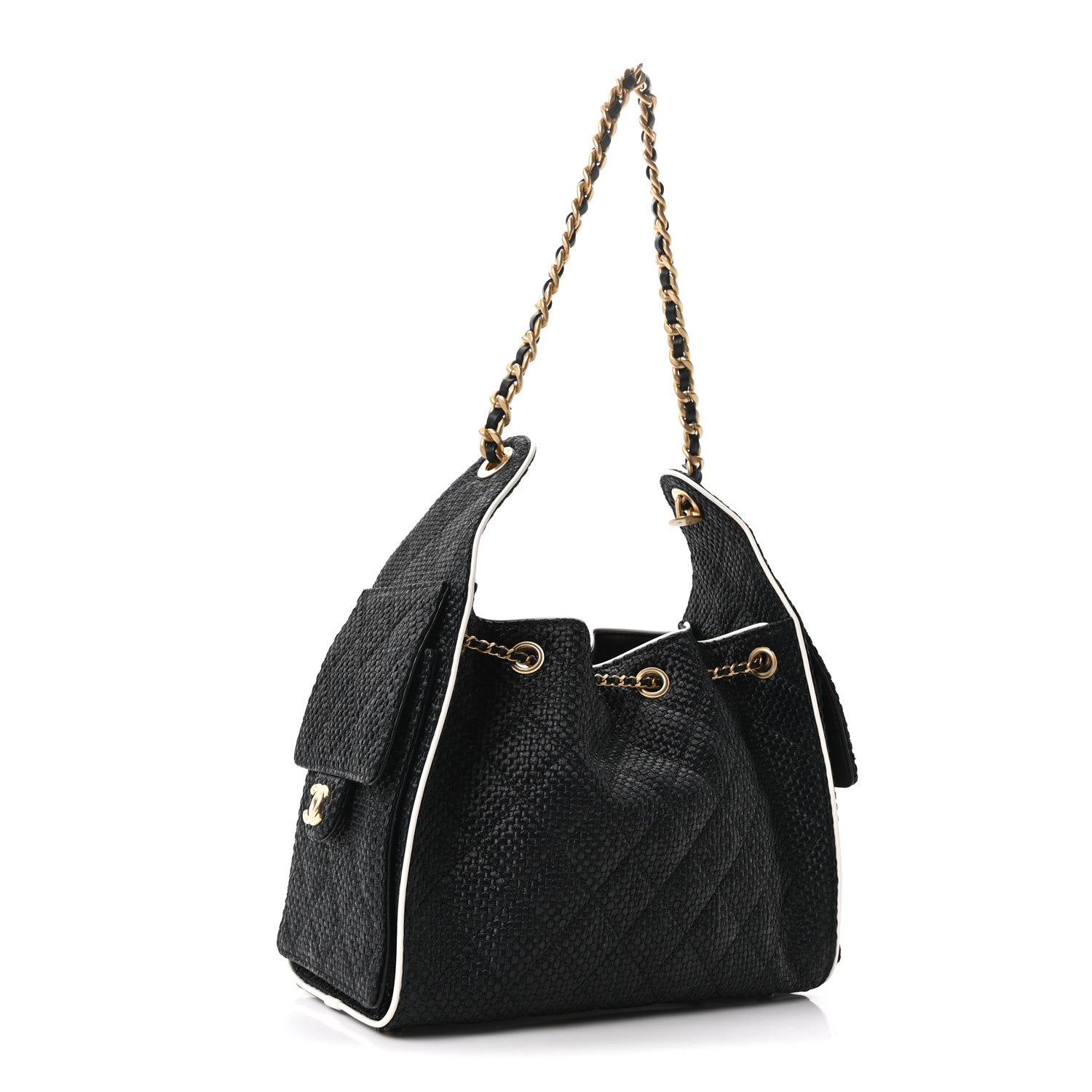 Chanel Braided Raffia Calfskin Quilted Small Chanel 25 Handbag Black White 3 of 11