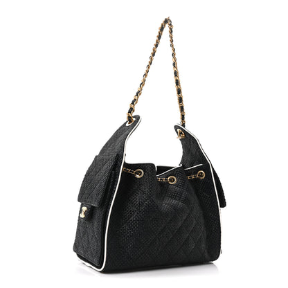 Chanel Braided Raffia Calfskin Quilted Small Chanel 25 Handbag Black White 3 of 11