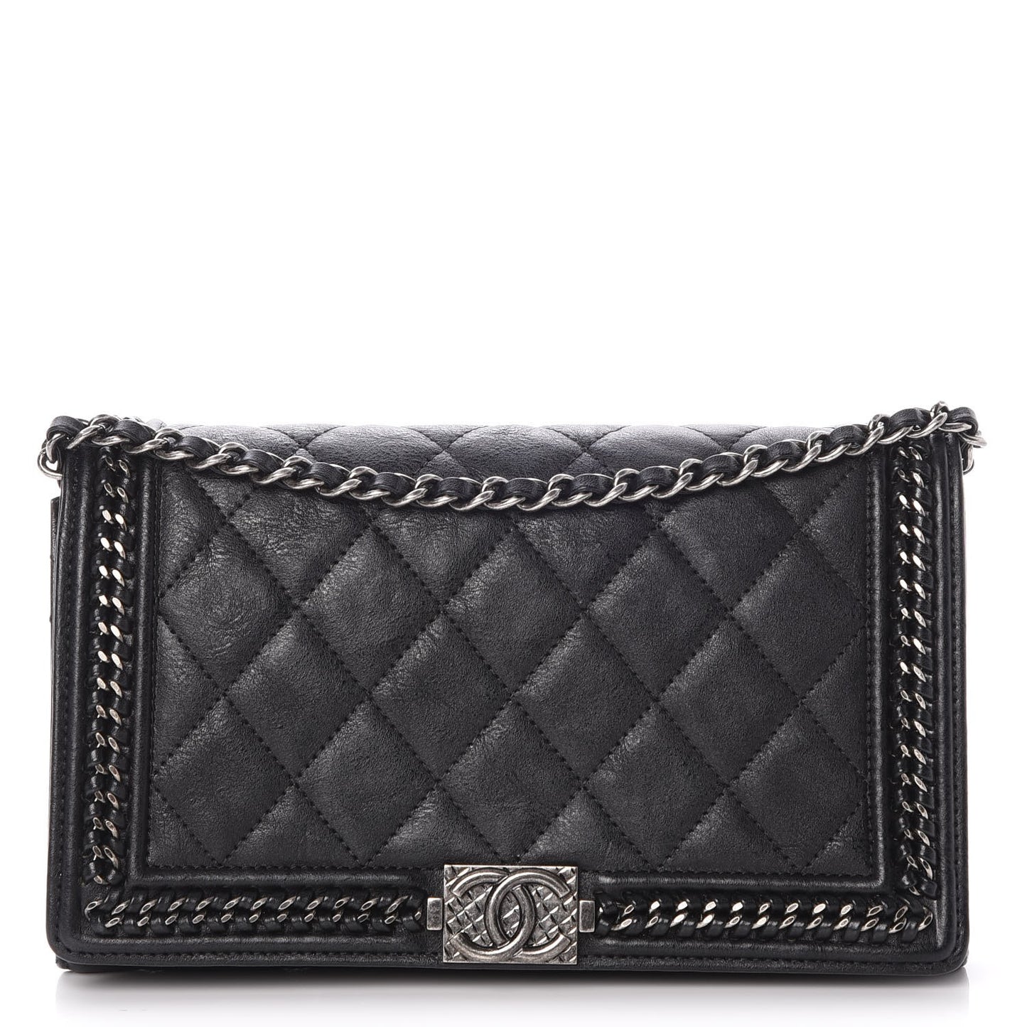 Calfskin Quilted Chain Around Boy Wallet On Removable Chain WOC Black