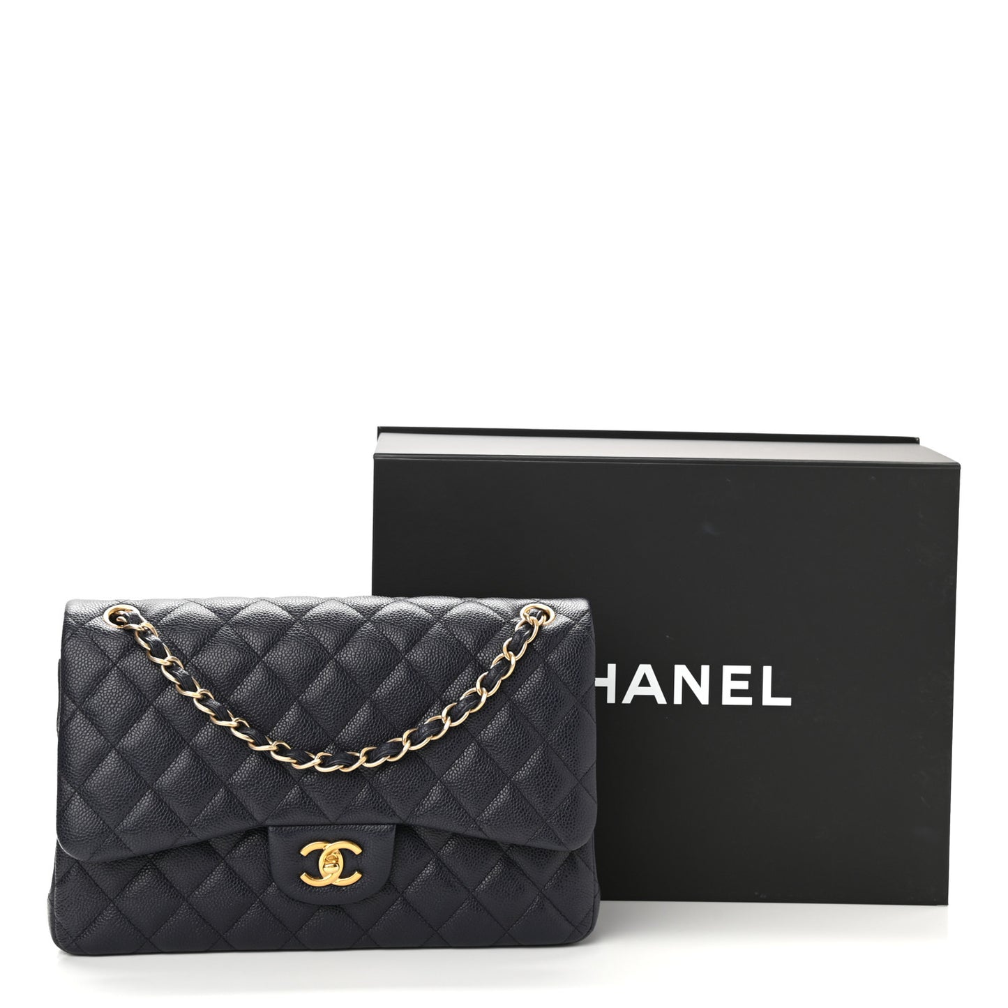 Caviar Quilted Jumbo Double Flap Navy Blue