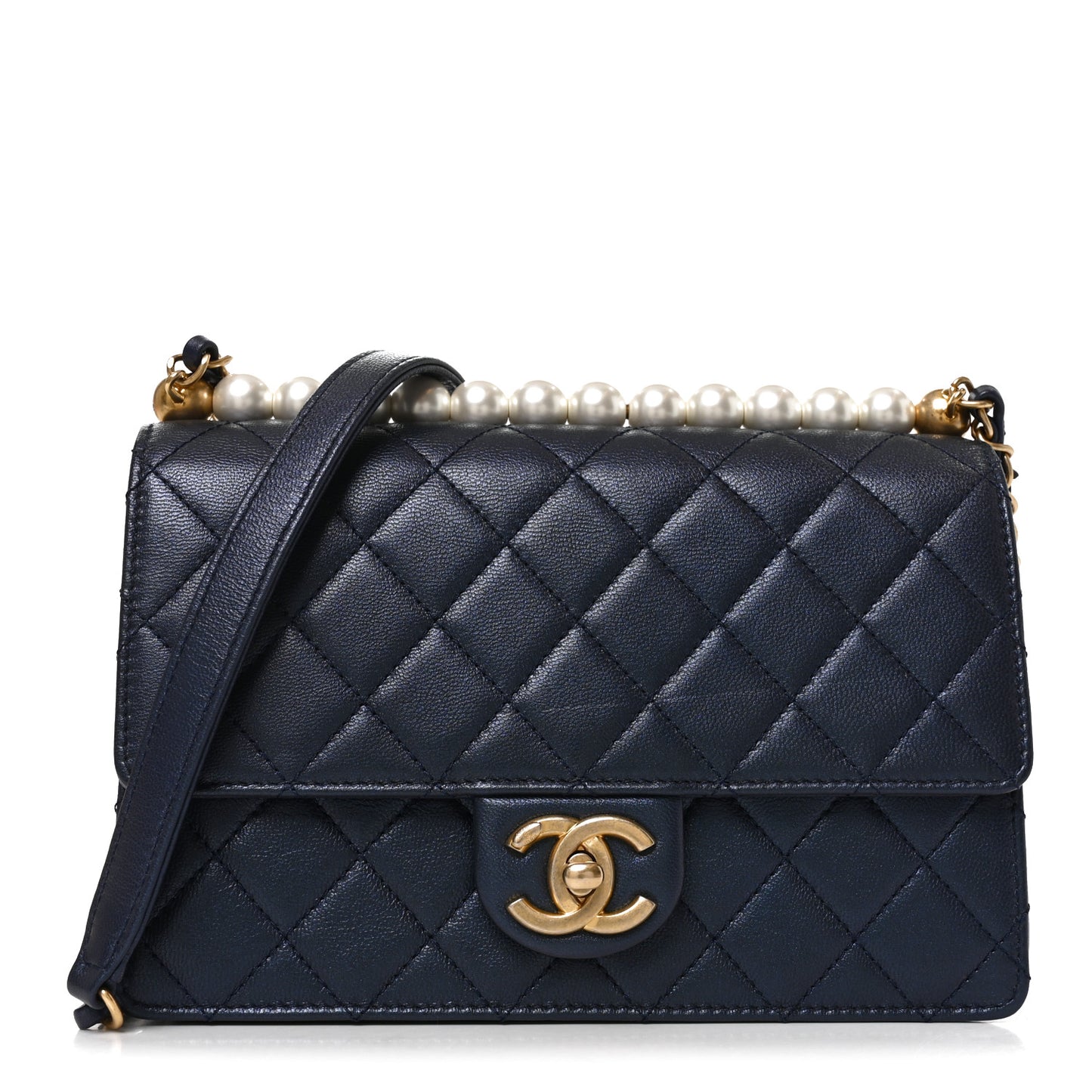 Iridescent Lambskin Quilted Small Chic Pearls Flap Navy Blue