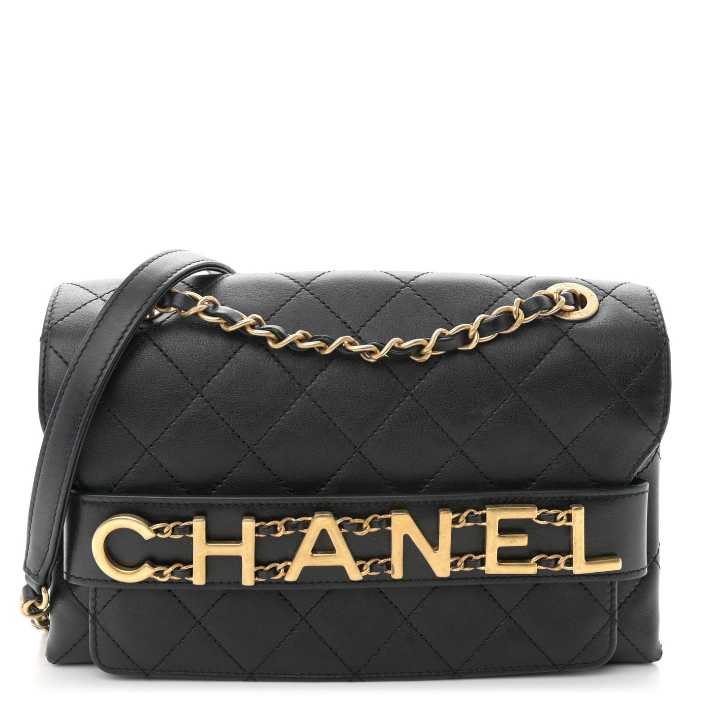 Calfskin Quilted Enchained Flap Black