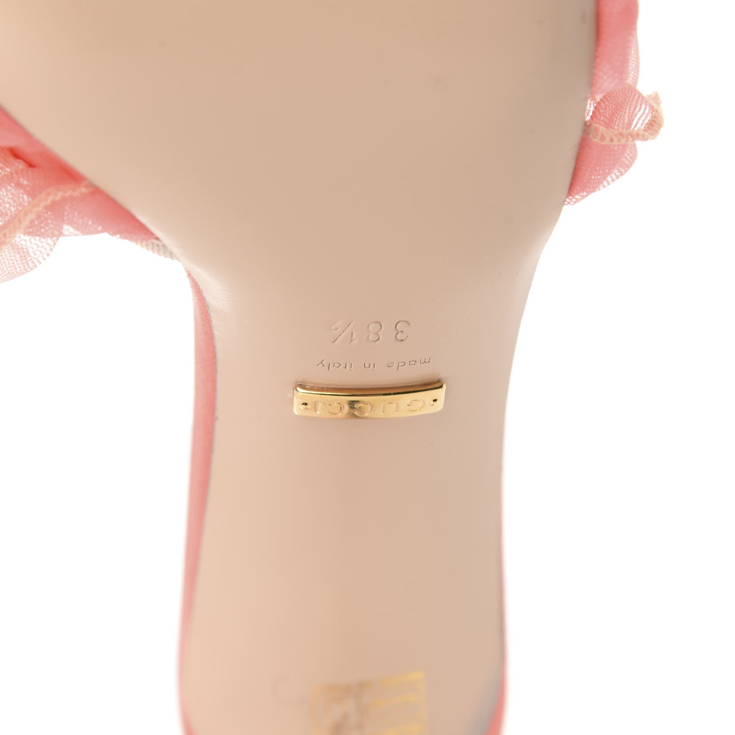 Gucci Tulle Ruffle Low Heel Slide Sandals 38.5 Peach Mystic White 8 of 10
