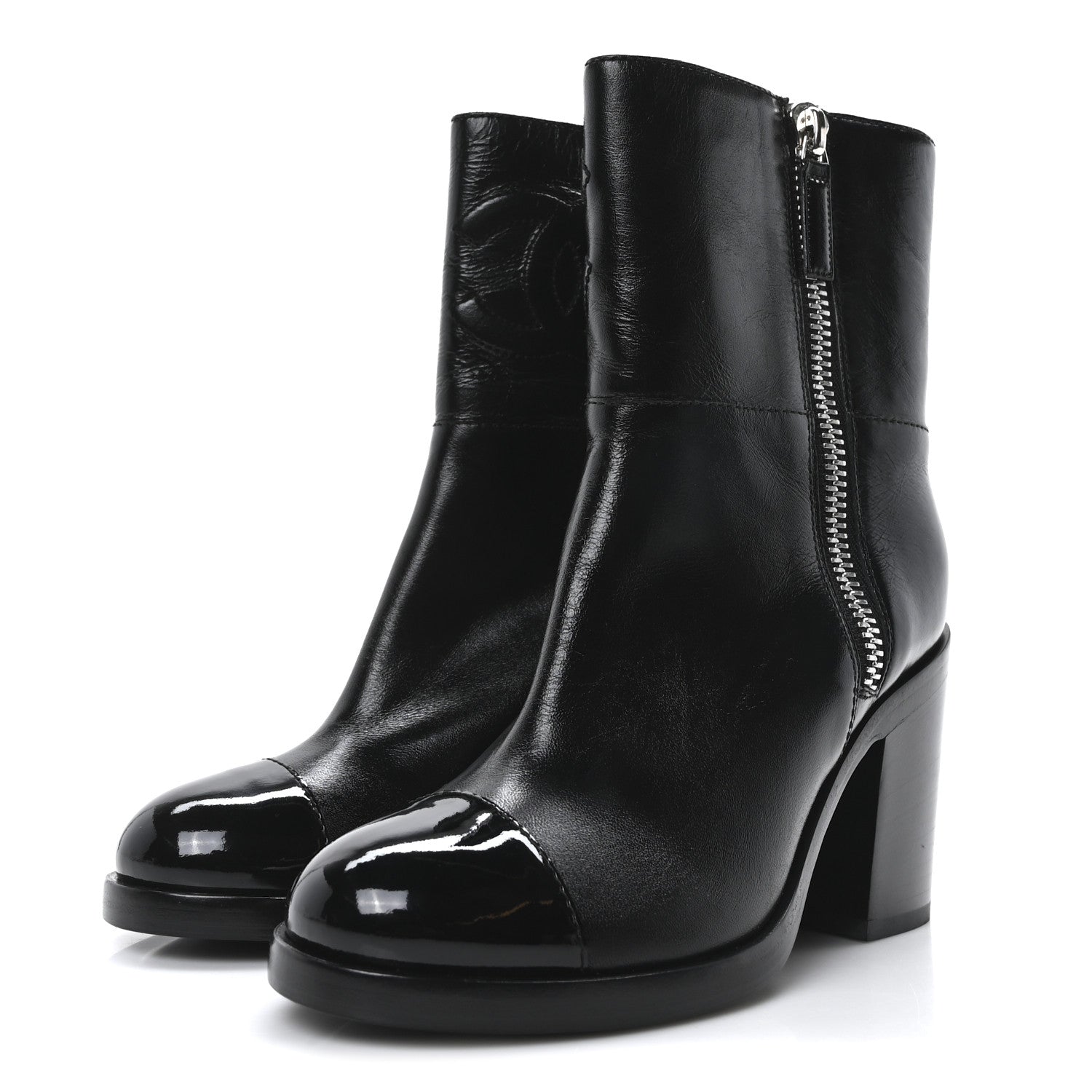 Chanel Calfskin Patent Quilted Cap Toe CC Boots 37 Black 4 of 8
