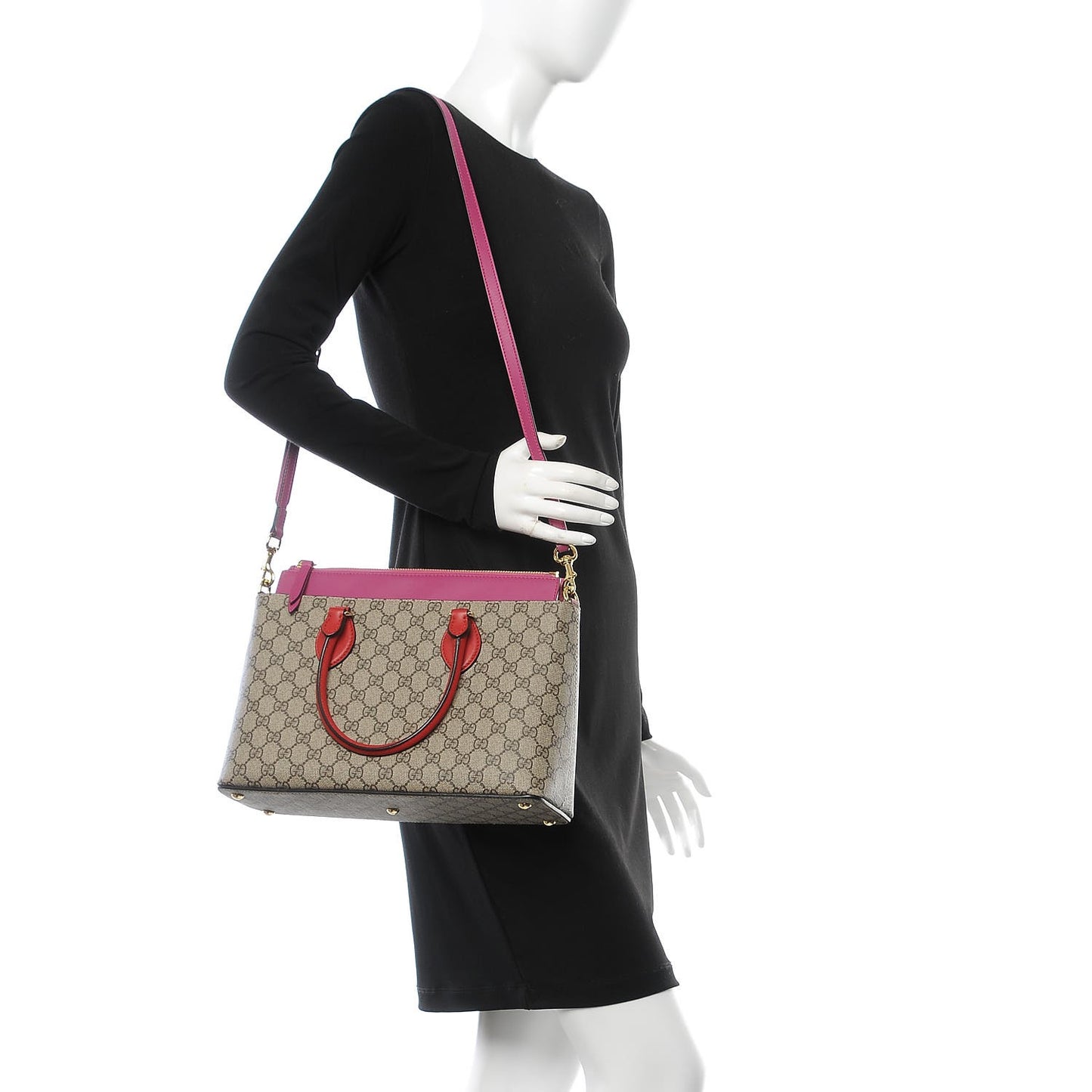 GG Supreme Monogram Moon Calfskin Small Zip Top Tote Beige Ebony Hibiscus Red New Rosette