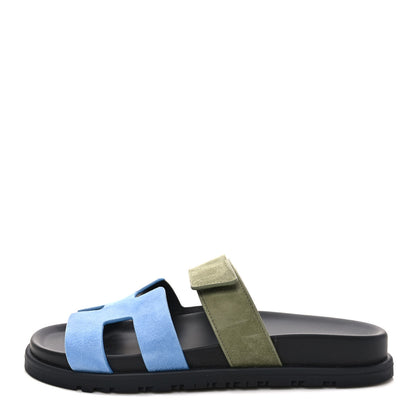Hermes Suede Goatskin Womens Chypre Sandals 37 Bleu Cameo Vert 1 of 8