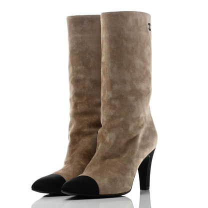 Chanel Suede Calfskin Satin Gabrielle Cap Toe Short Boots 38 Beige Black 3 of 12