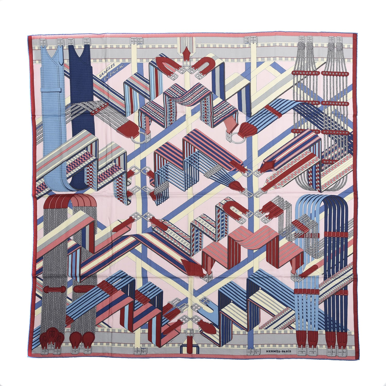 Hermes Cashmere Silk Sangles En Shawl 140 Rose Nacre Bleu Brique 1 of 5
