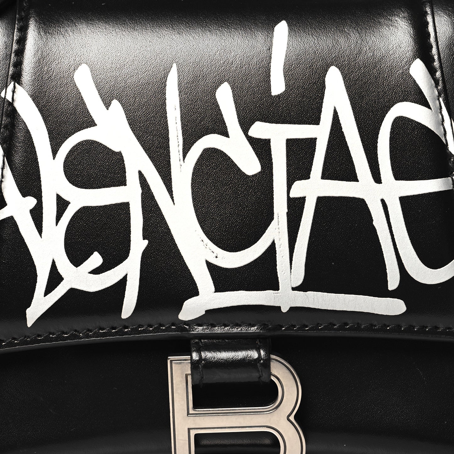 Box Calfskin Graffiti Logo Hourglass Top Handle Bag XS Black Silver