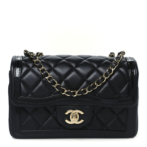 Shiny Lambskin Quilted Half Mini Flap Black