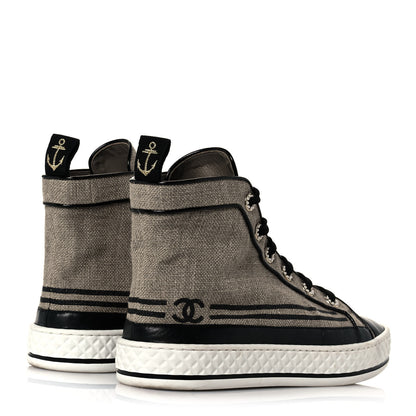 Chanel Fabric Lambskin Lace Up Cap Toe Sneakers 37 Beige Black 4 of 7