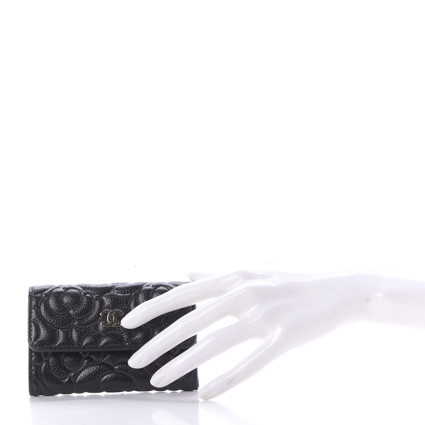Caviar Camellia Embossed Card Holder Wallet Black