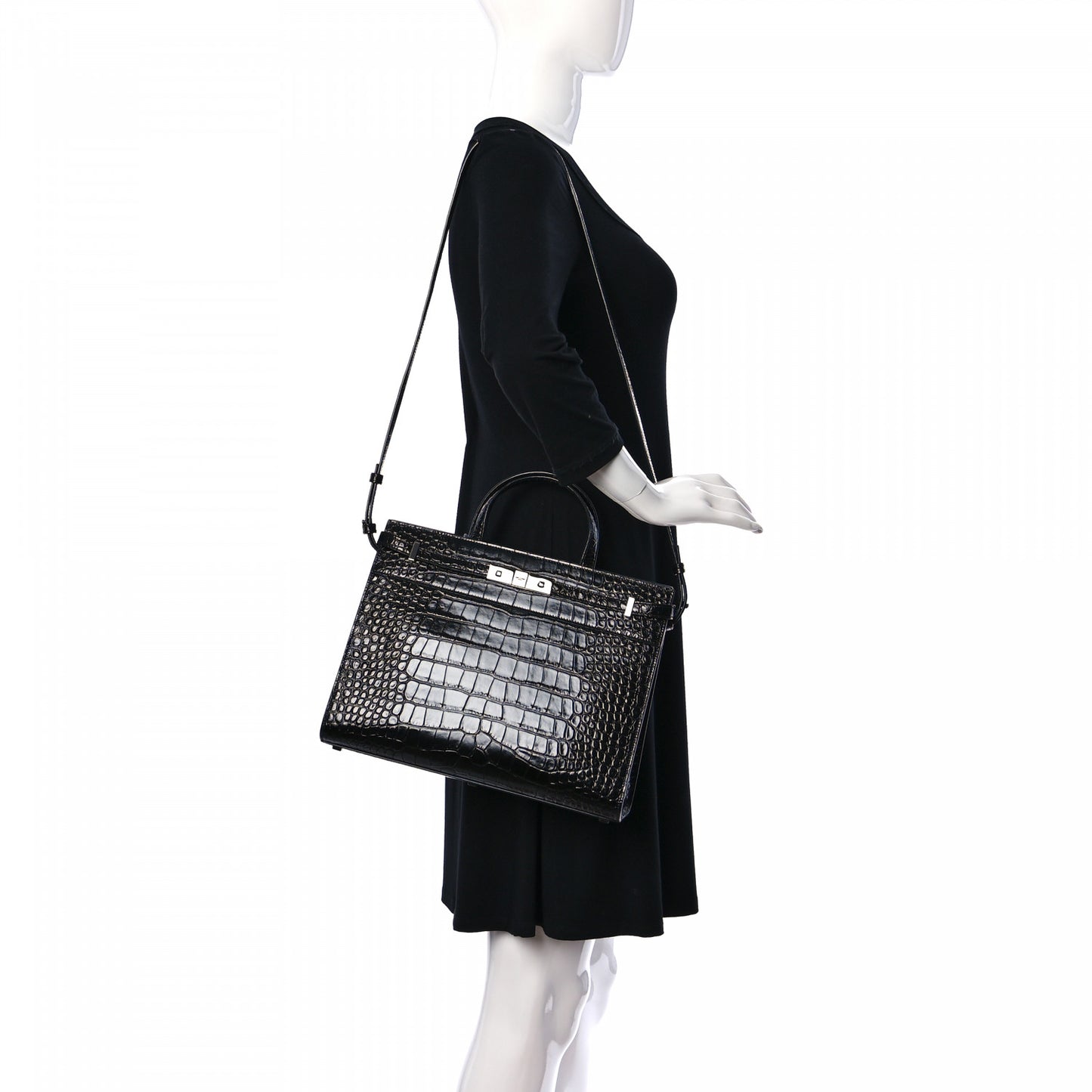 Shiny Calfskin Crocodile Embossed Small Manhattan Shopper Tote Black