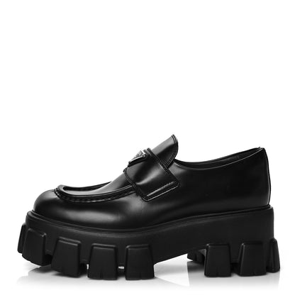 Prada Spazzolato Rois Metal Triangle Logo Monolith 55mm Loafers 37.5 Black 1 of 7