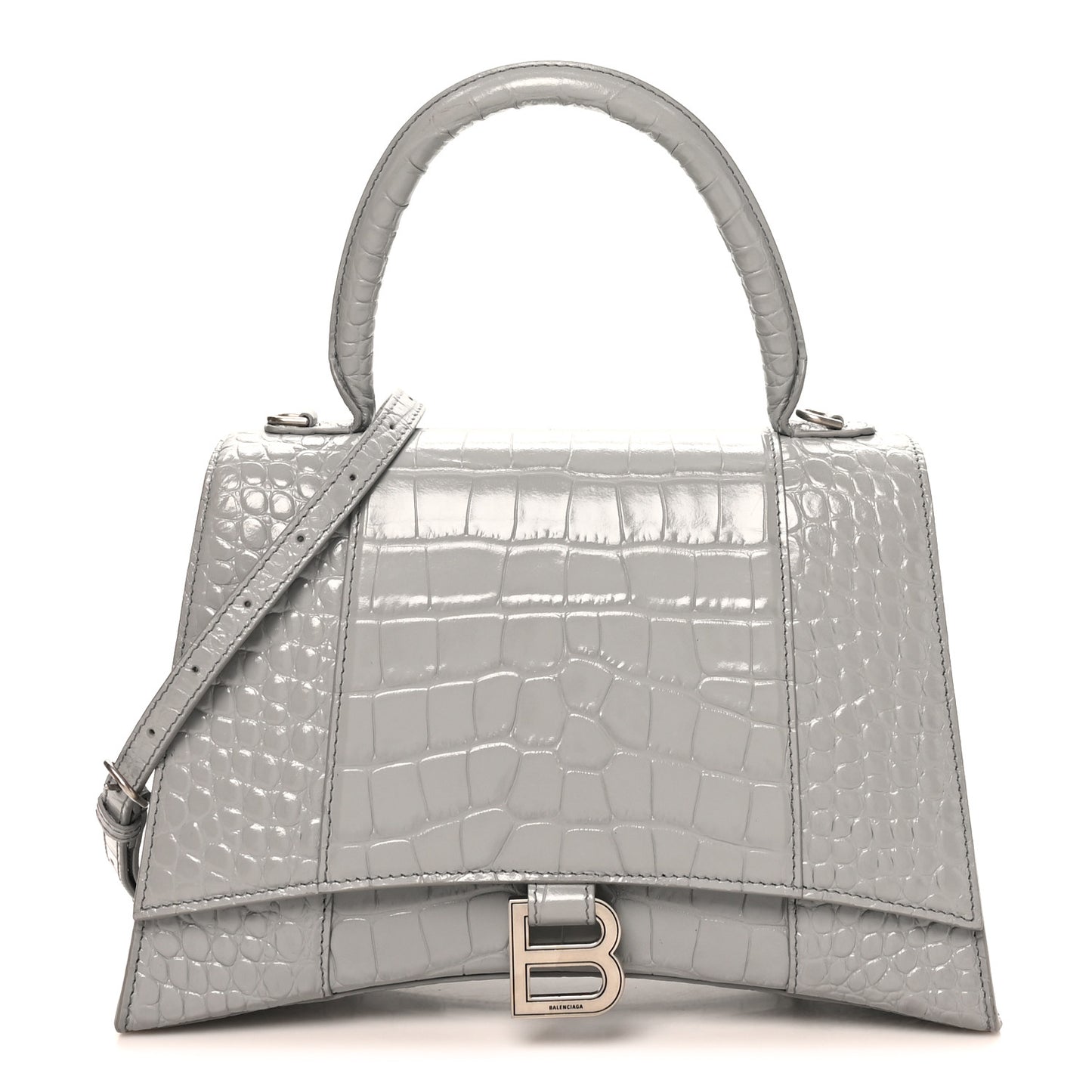Shiny Calfskin Crocodile Embossed Medium Hourglass Top Handle Bag Balenciaga Grey