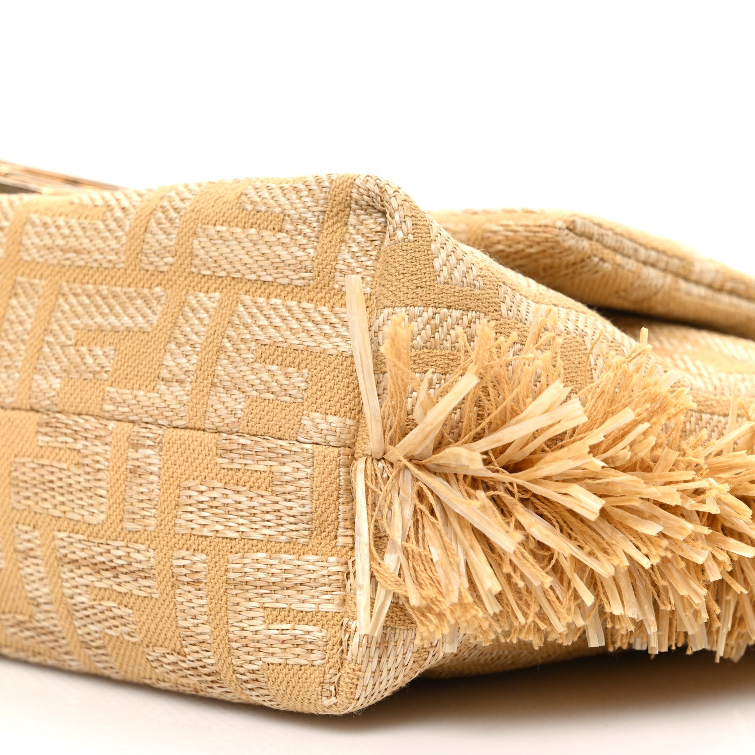 Fendi Fabric Jacquard Raffia Straw Fringe Medium Mamma Baguette Dark Honey 10 of 10
