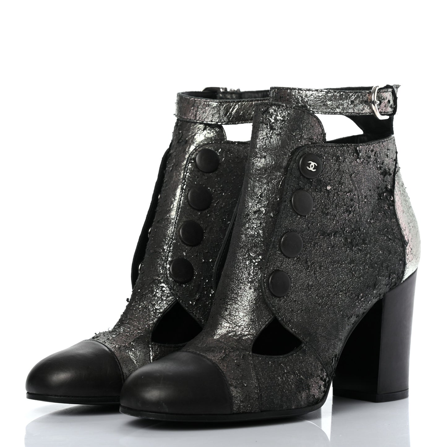 Metallic Lambskin Cap Toe Ankle Boots 37 Silver Black