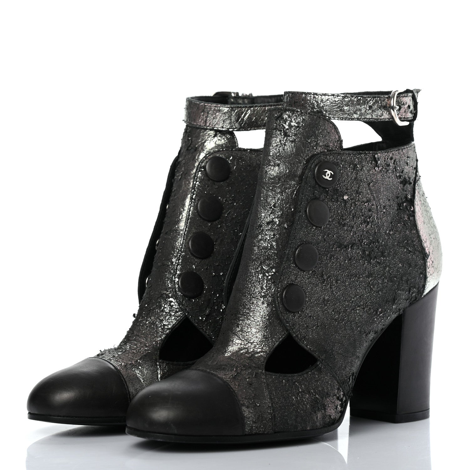 Chanel Metallic Lambskin Cap Toe Ankle Boots 37 Silver Black 3 of 8
