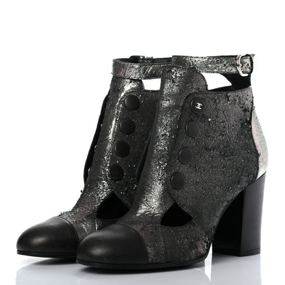 Chanel Metallic Lambskin Cap Toe Ankle Boots 37 Silver Black 3 of 8