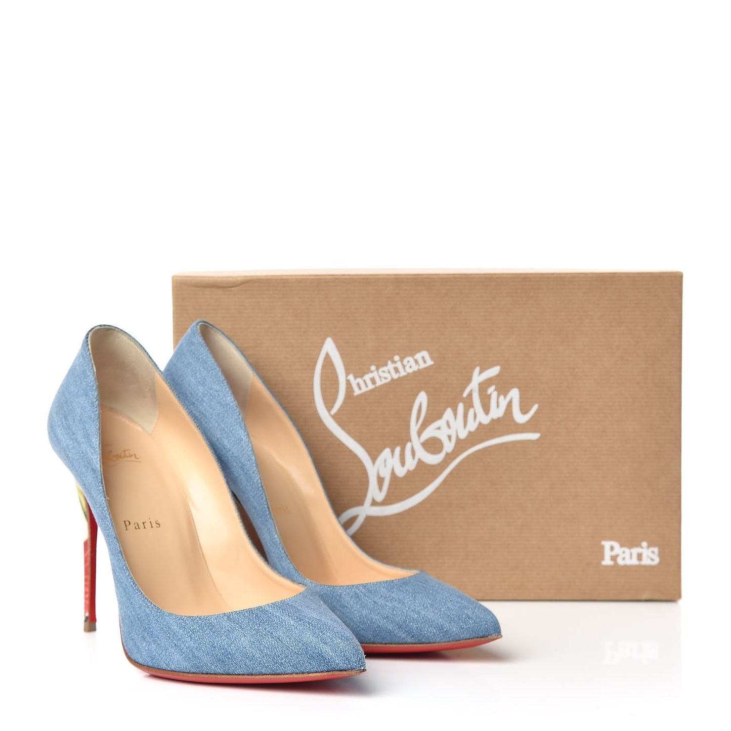 Denim Crackled Calfskin Hawaiian Print Pigalle Follies 100 Pumps 37.5 Blue White