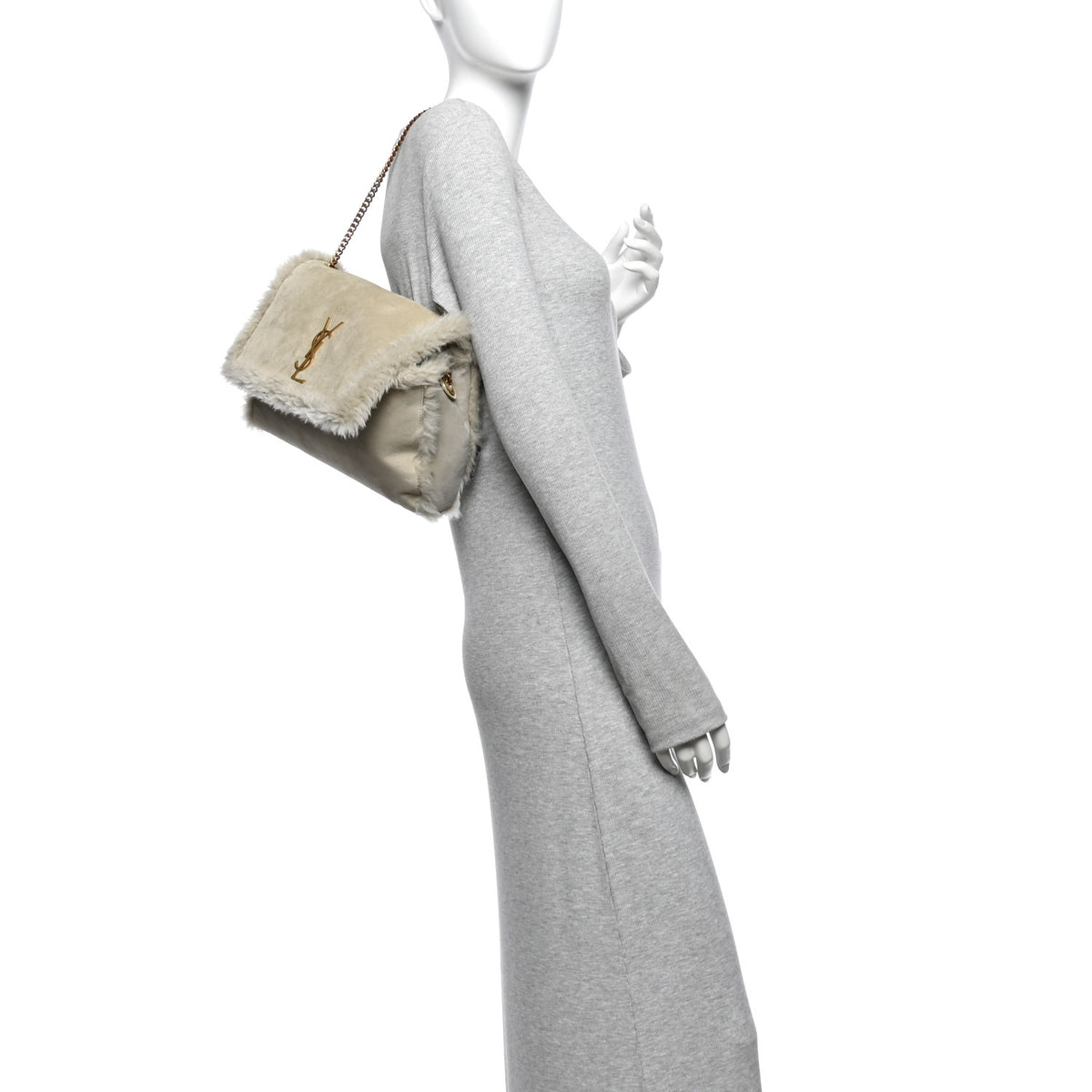 Shearling Calfskin Medium Reversible Monogram Kate Satchel Grey