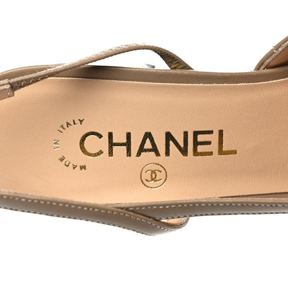 Chanel Lambskin Patent Calfskin Quilted Cap Toe CC Slingback Pumps 39 Beige Black 7 of 8