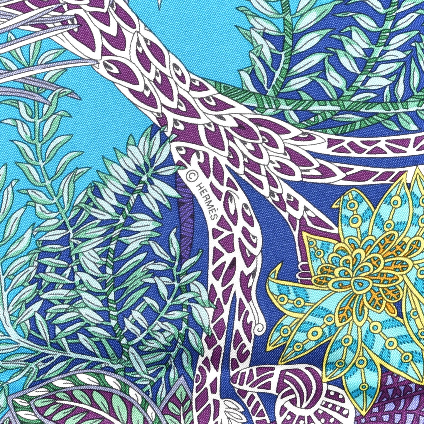 Silk Maitres de la Foret Scarf 90 Turquoise Ocre Violet