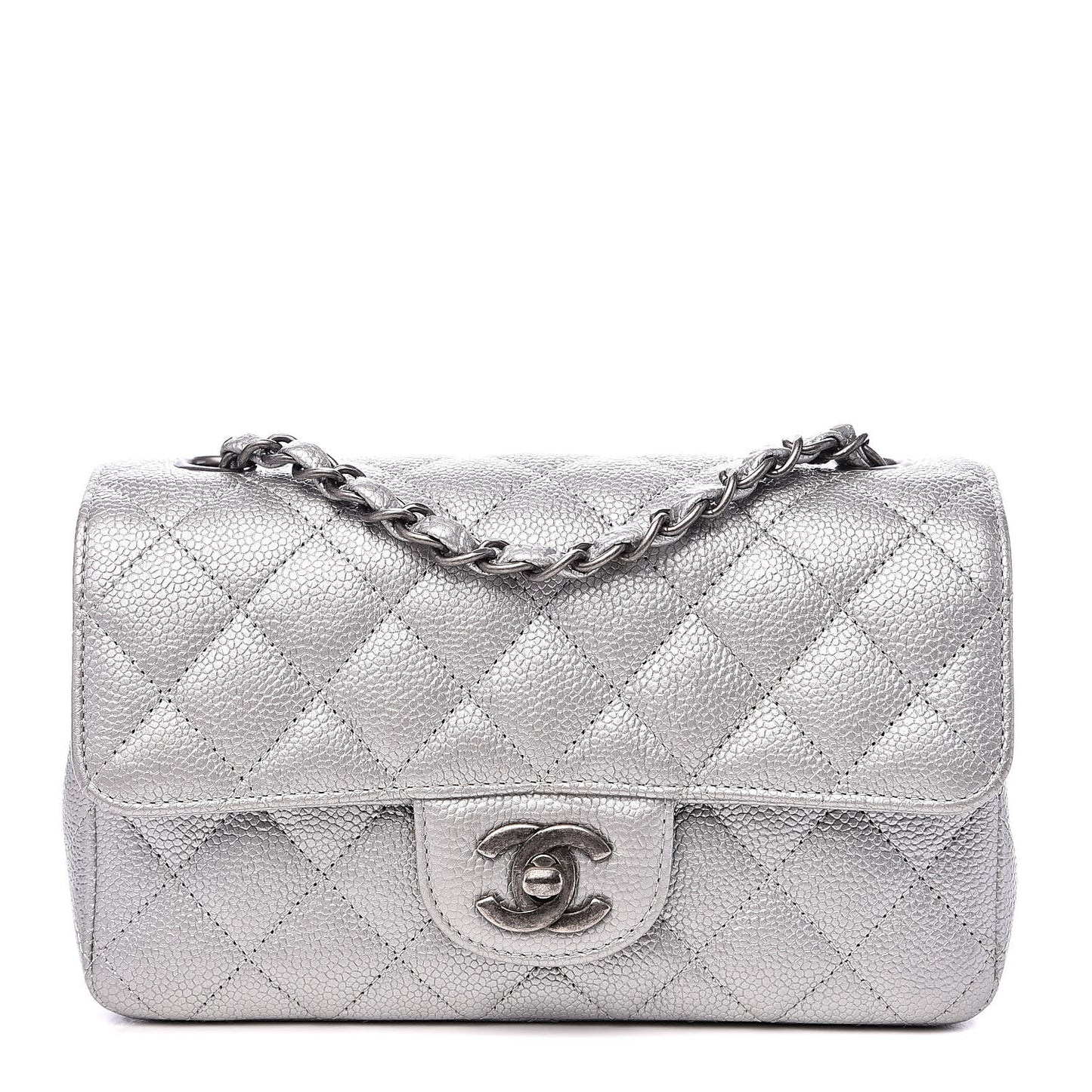 Metallic Caviar Quilted Mini Rectangular Flap Silver
