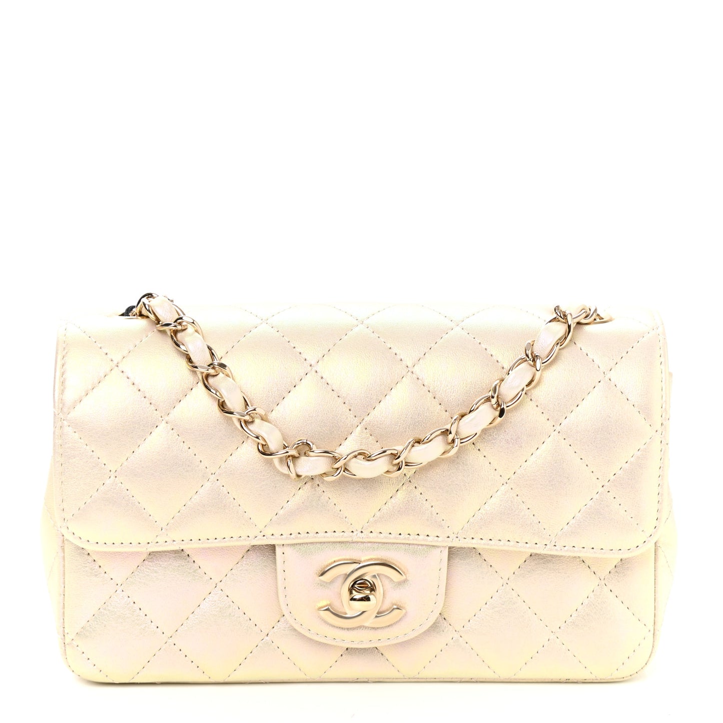Iridescent Lambskin Quilted Mini Rectangular Flap Ivory