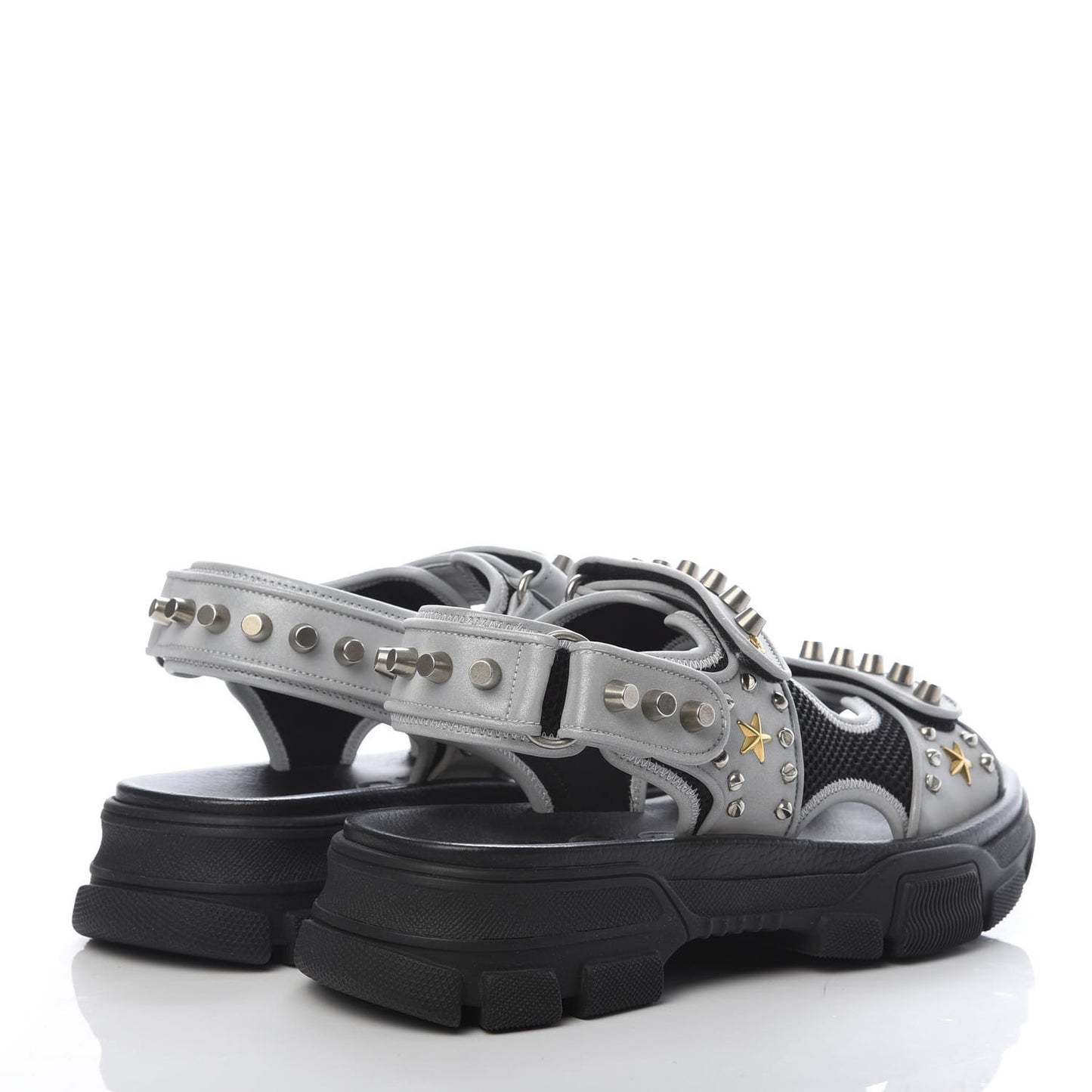 Technical Canvas Calfskin Reflective Studded Mens Aguru Sandals 8 Silver Black