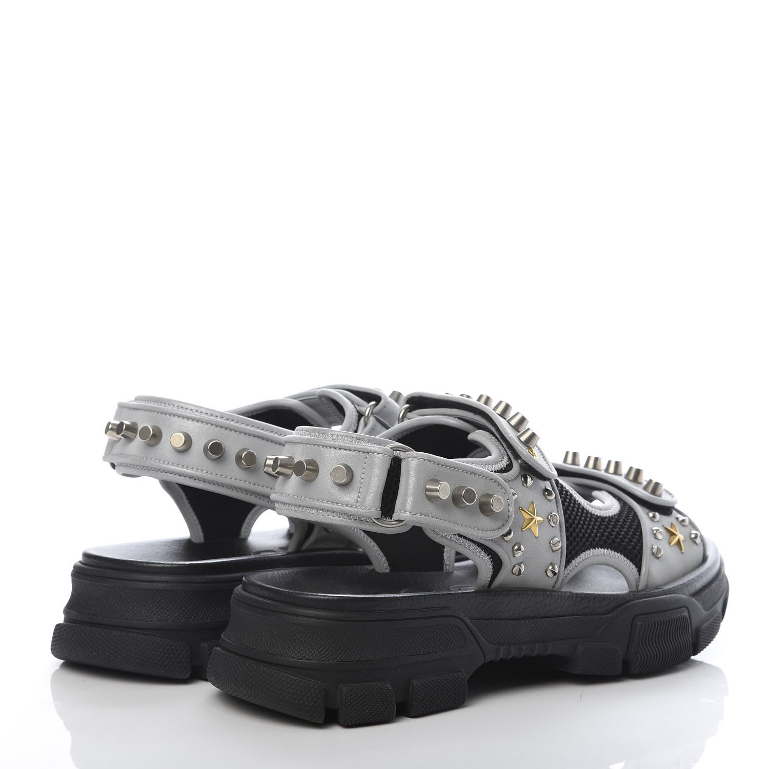 Gucci Technical Canvas Calfskin Reflective Studded Mens Aguru Sandals 8 Silver Black 4 of 8