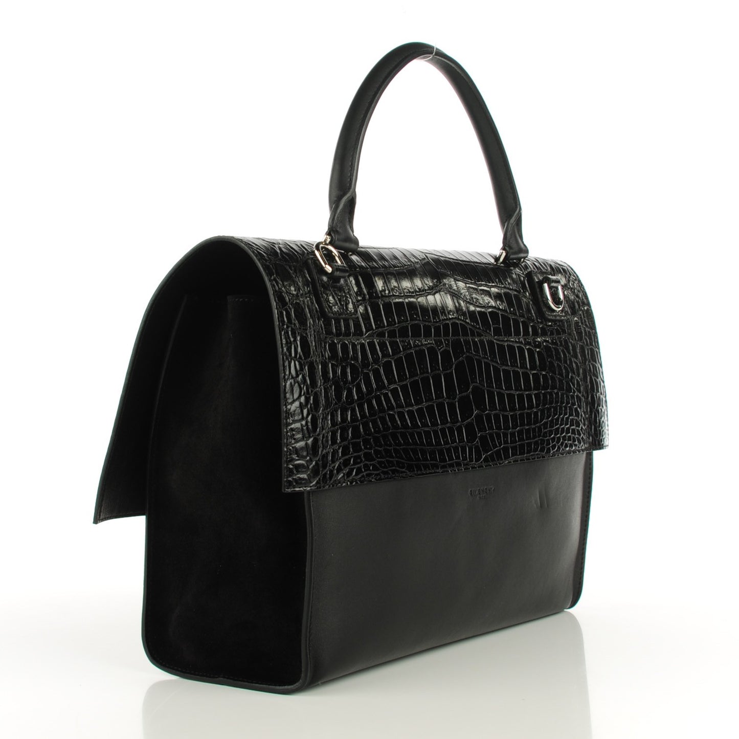 Calfskin Crocodile Embossed Large Shark Lock Satchel Black