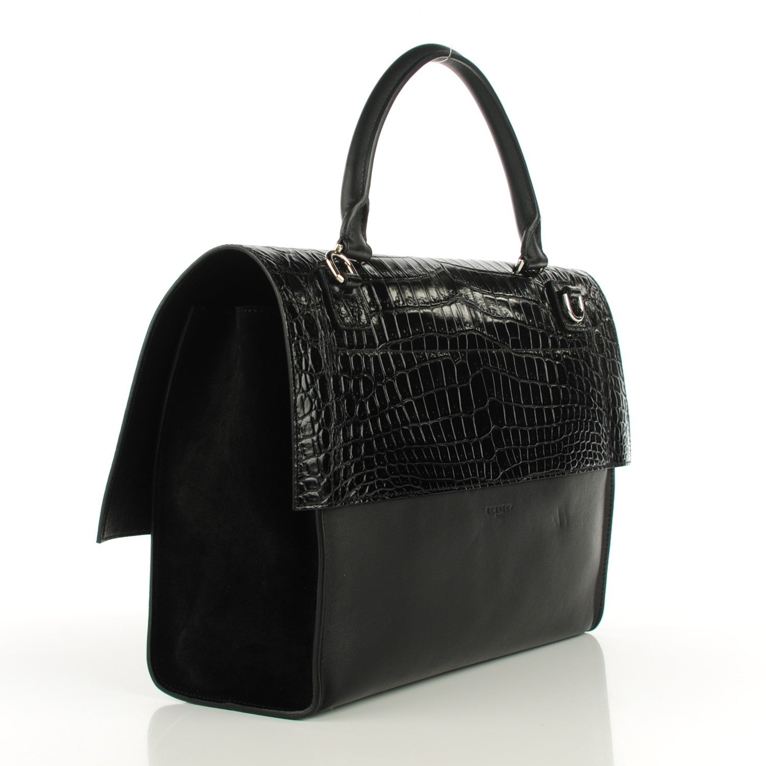 Givenchy Calfskin Crocodile Embossed Large Shark Lock Satchel Black 3 of 7