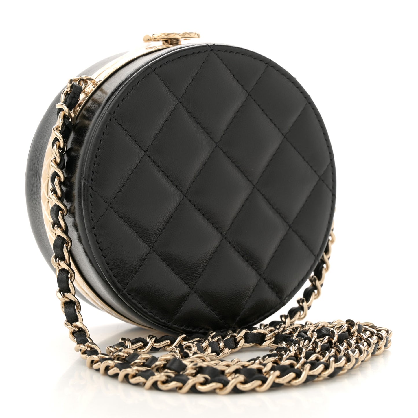 Metal Lambskin Quilted Round Lock Frame Vanity Clutch With Chain Black