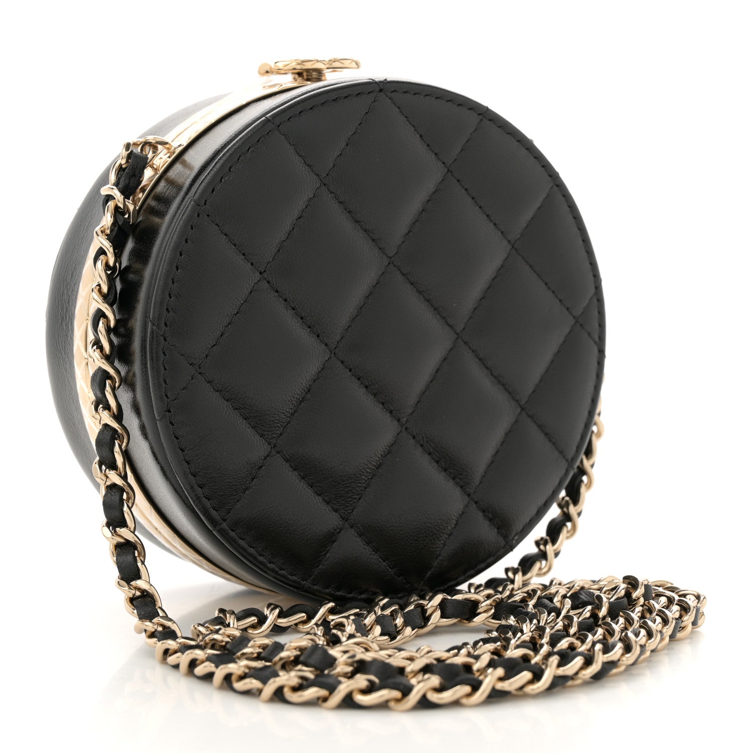 Chanel Metal Lambskin Quilted Round Lock Frame Vanity Clutch With Chain Black 3 of 11