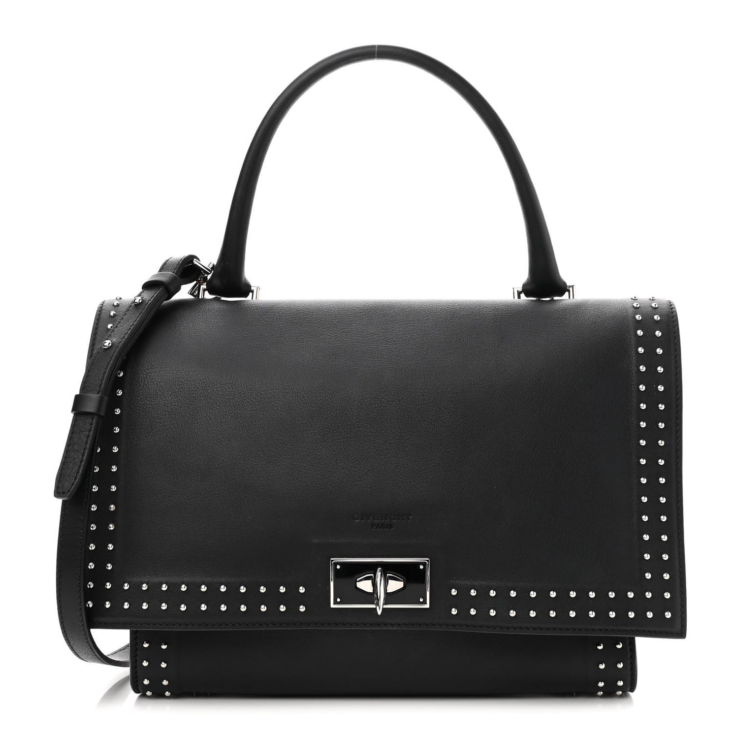 Grained Calfskin Studded Small Shark Lock Satchel Black