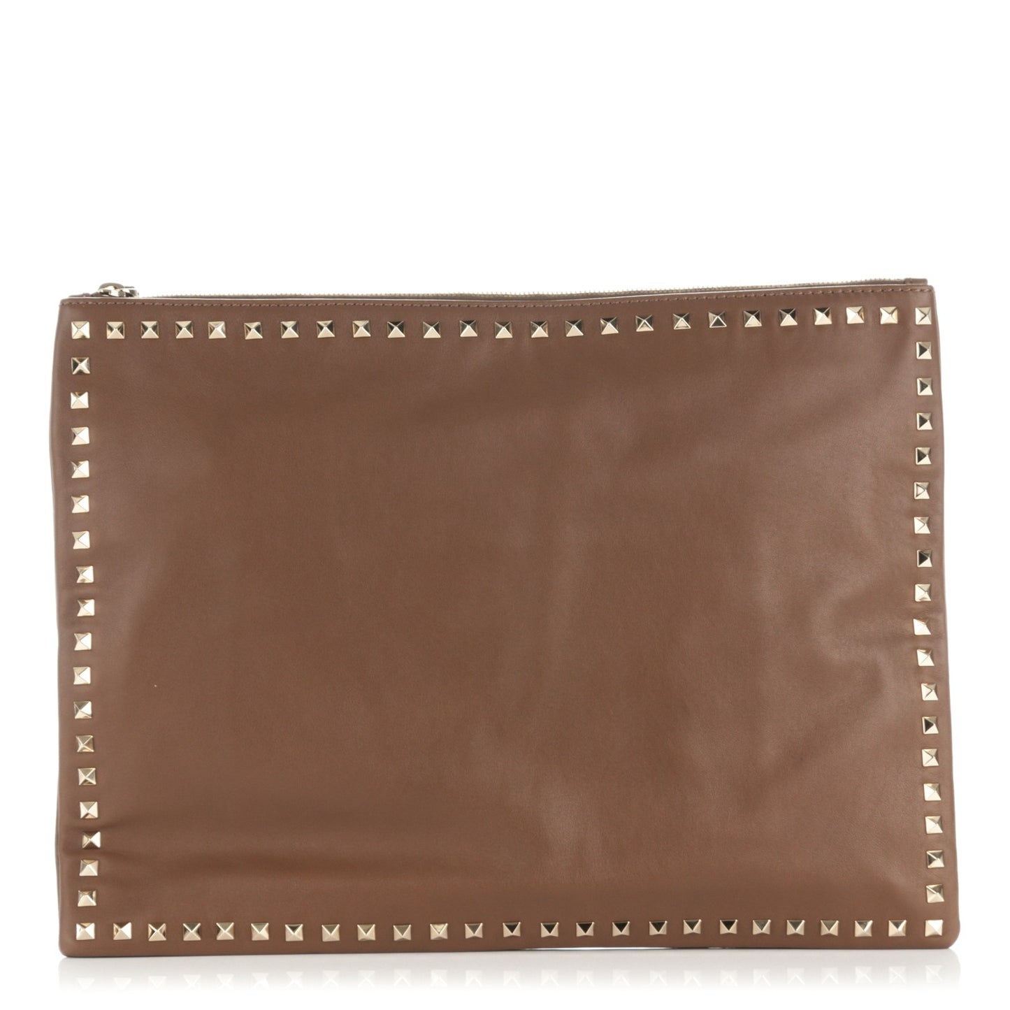 Vitello Oversized Rockstud Zip Wristlet Pouch Brownish