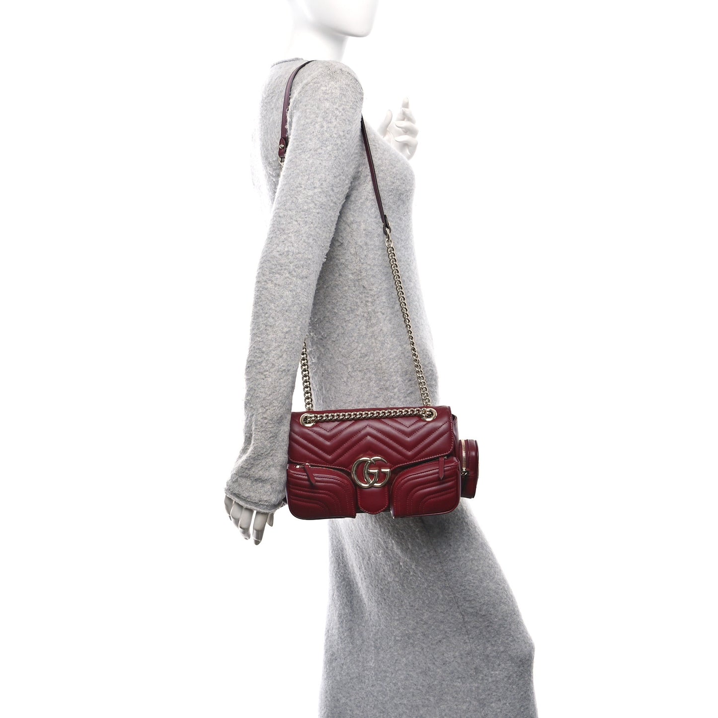 Calfskin Matelasse Small GG Marmont Multi Pocket Shoulder Bag Rosso Ancora