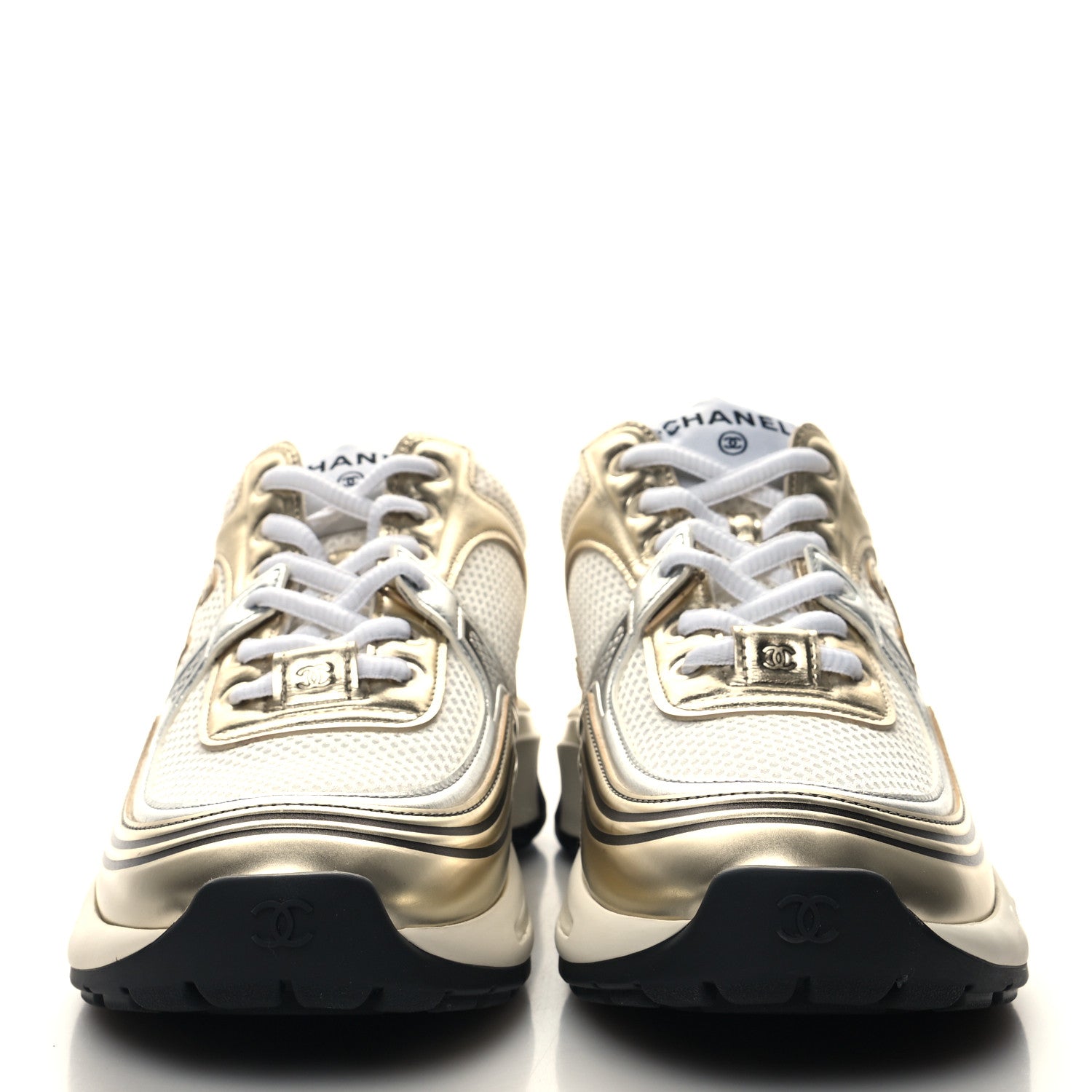 Chanel Fabric Laminated Calfskin Stretch CC Sneakers 39 White Gold Silver 3 of 8