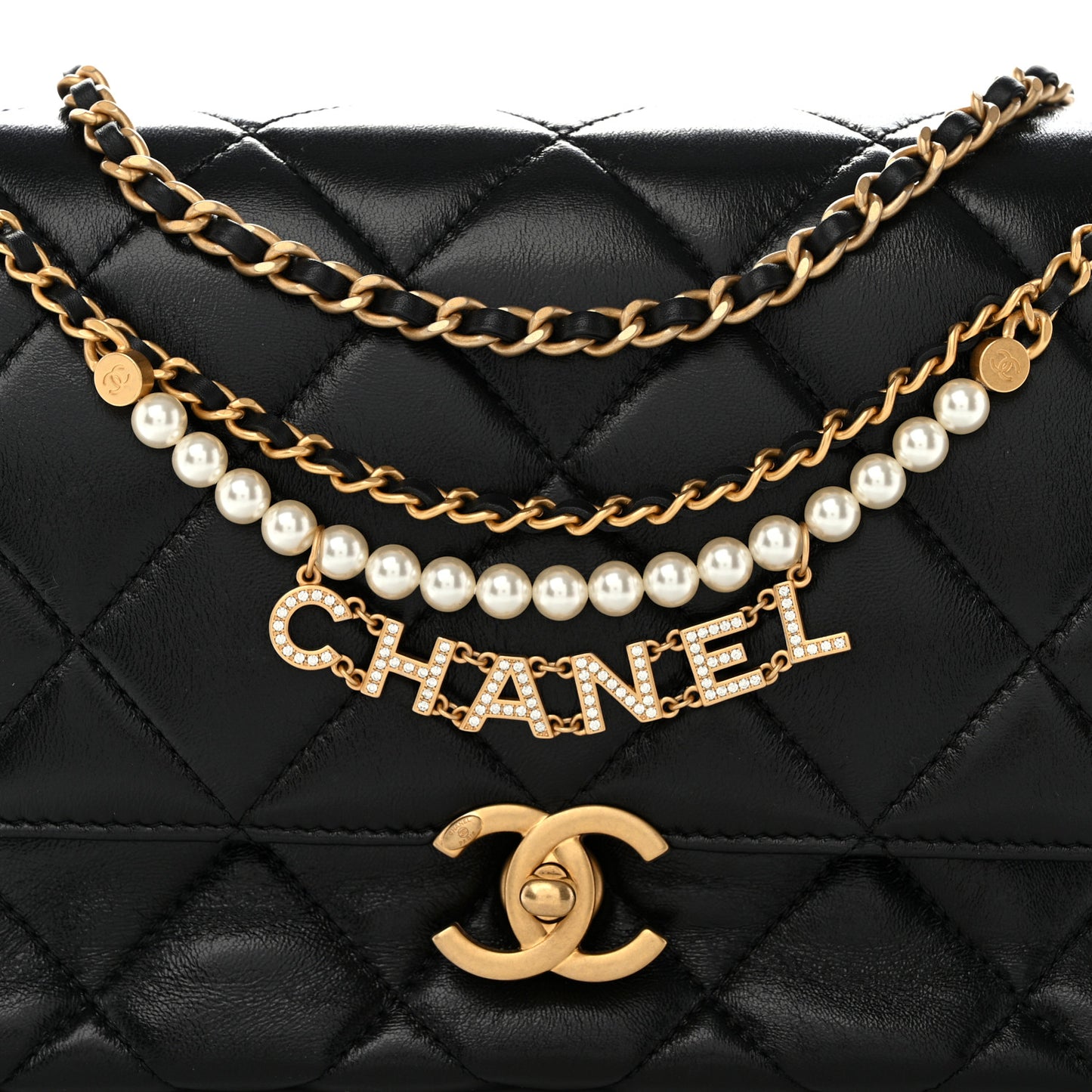 Lambskin Quilted Pearl Crystal Logo Flap Black