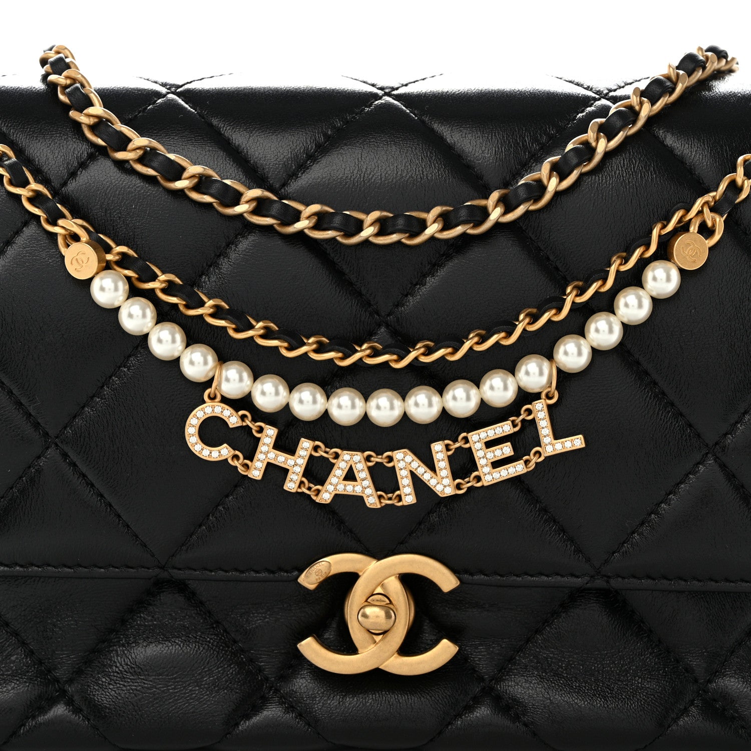 Chanel Lambskin Quilted Pearl Crystal Logo Flap Black 8 of 10