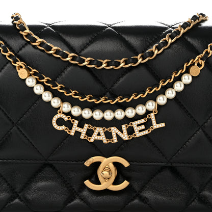 Chanel Lambskin Quilted Pearl Crystal Logo Flap Black 8 of 10