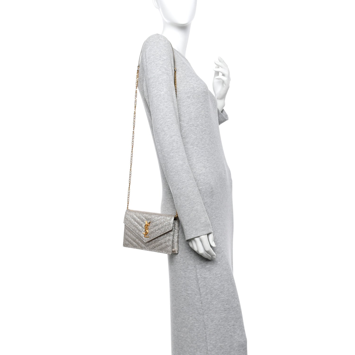 Saint Laurent Metallic Crackled Calfskin Matelasse Chevron Monogram Envelope Chain Wallet Gold 2 of 13