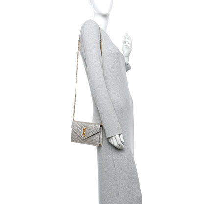 Saint Laurent Metallic Crackled Calfskin Matelasse Chevron Monogram Envelope Chain Wallet Gold 2 of 13