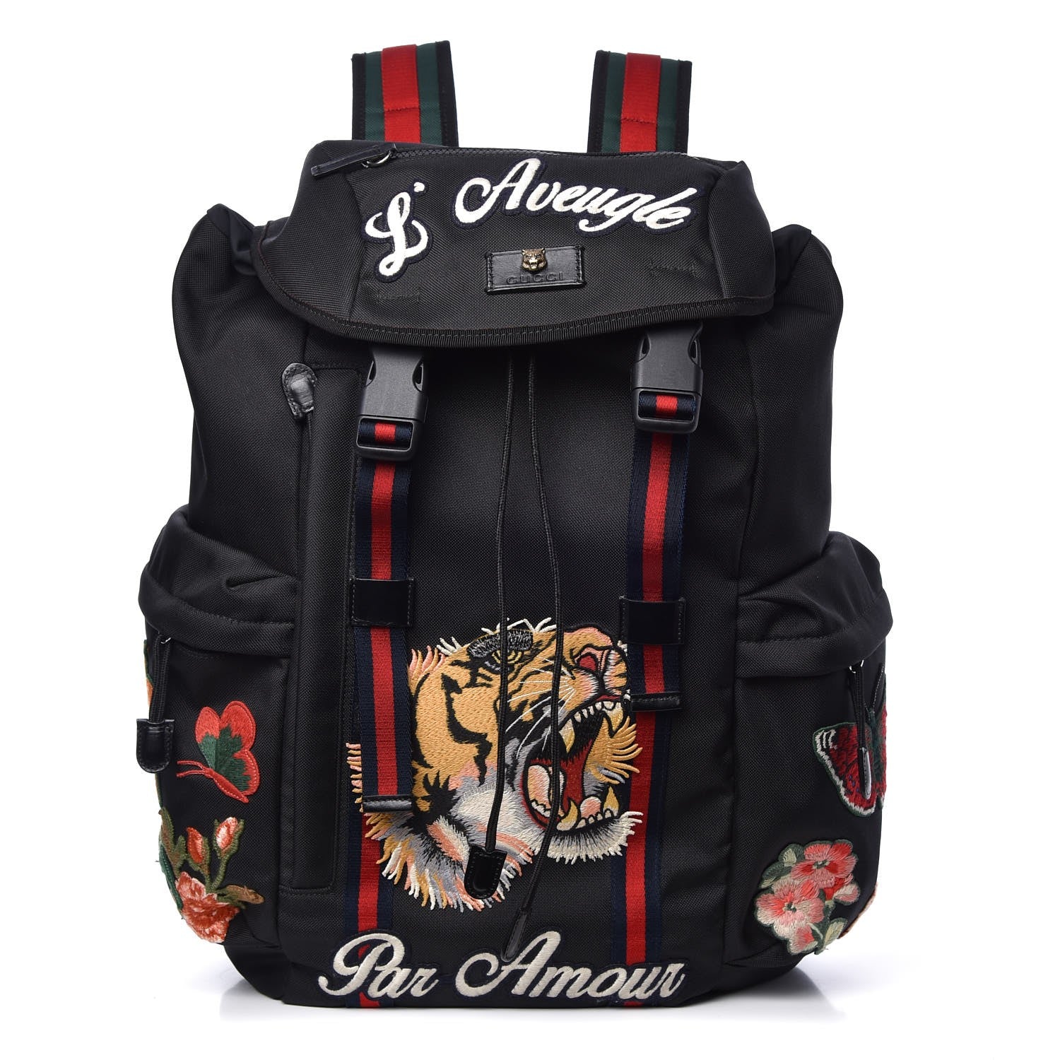 Gucci Techno Canvas Web L'Aveugle Par Amour Embroidered Double Buckle Backpack Black 1 of 10