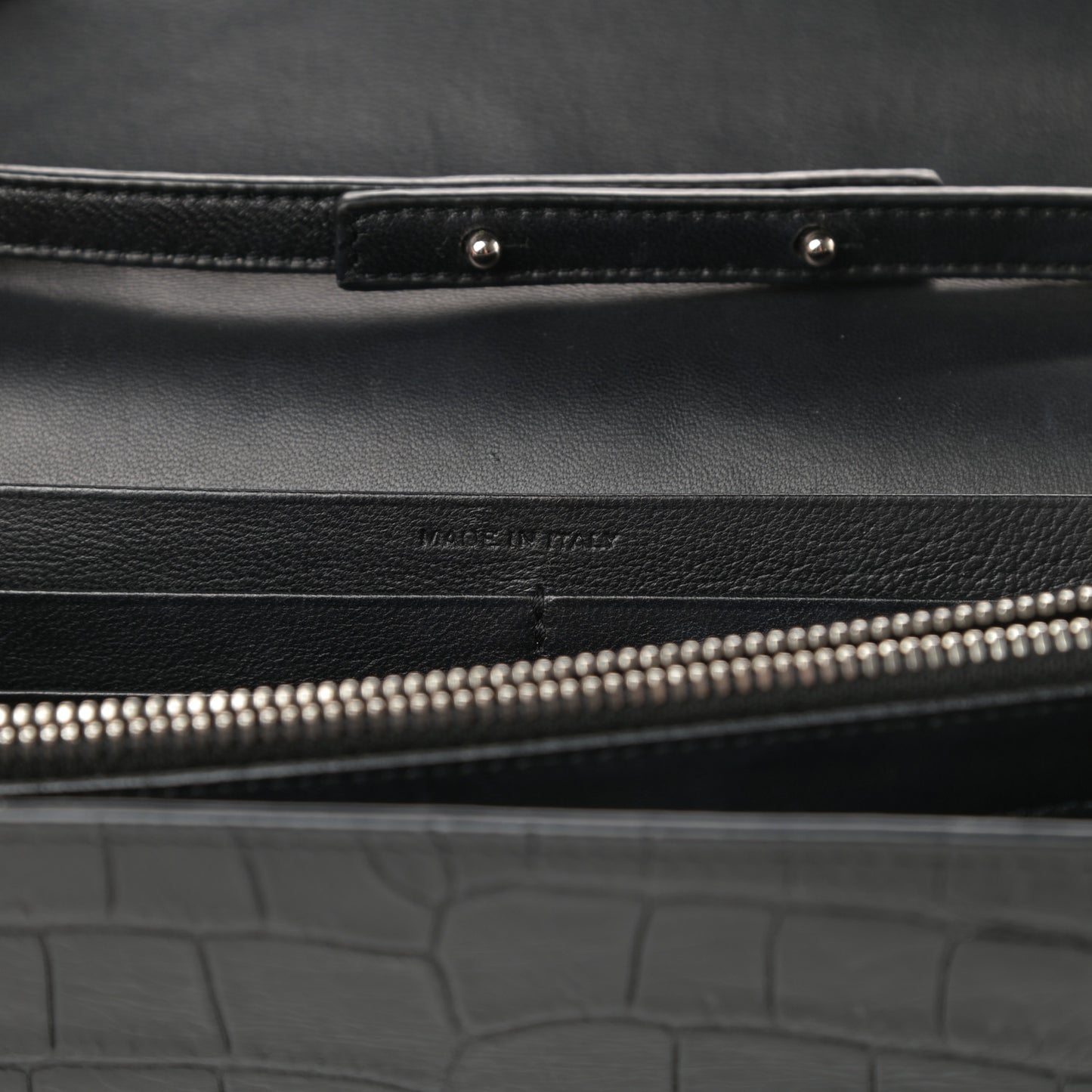 Calfskin Crocodile Embossed Monogram Chain Wallet Black