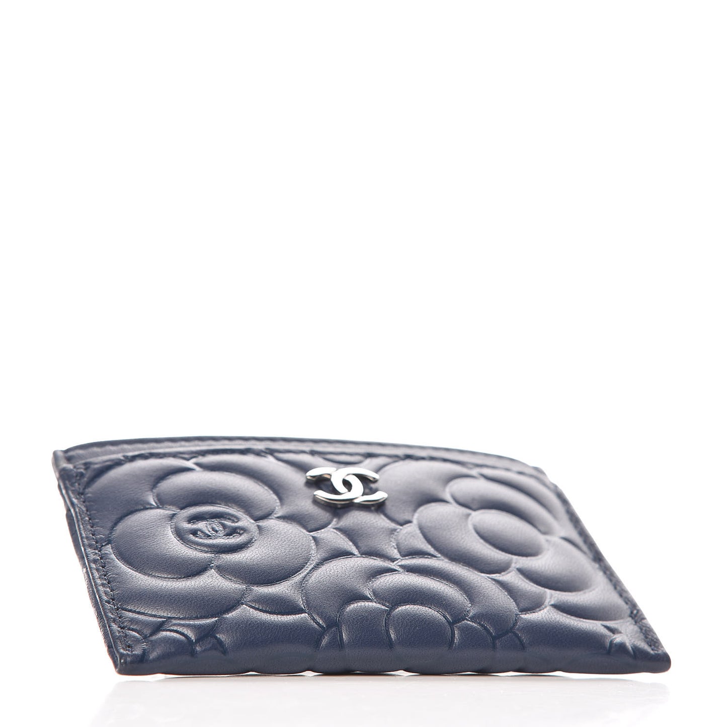 Lambskin Camellia Embossed Card Holder Blue