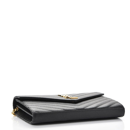 Saint Laurent Grain De Poudre Matelasse Chevron Monogram Chain Wallet Black 4 of 7