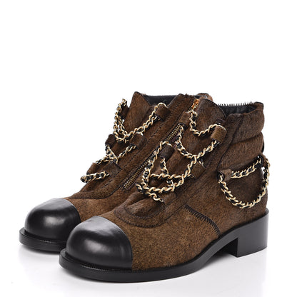 Chanel Calfskin Pony Hair CC Charm Chain Cap Toe Short Boots 37 Brown Black 3 of 8