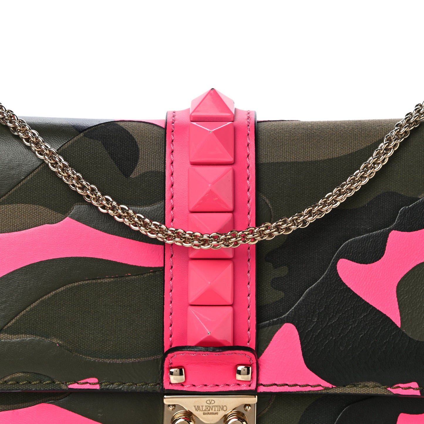Nappa Canvas Camouflage Medium Glam Lock Rockstud Flap Fuxia Fluo